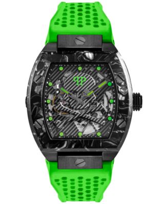 Philipp Plein - Men's Automatic The Skeleton Sport Master Green Perforated Silicone Strap Watch 44x56mm