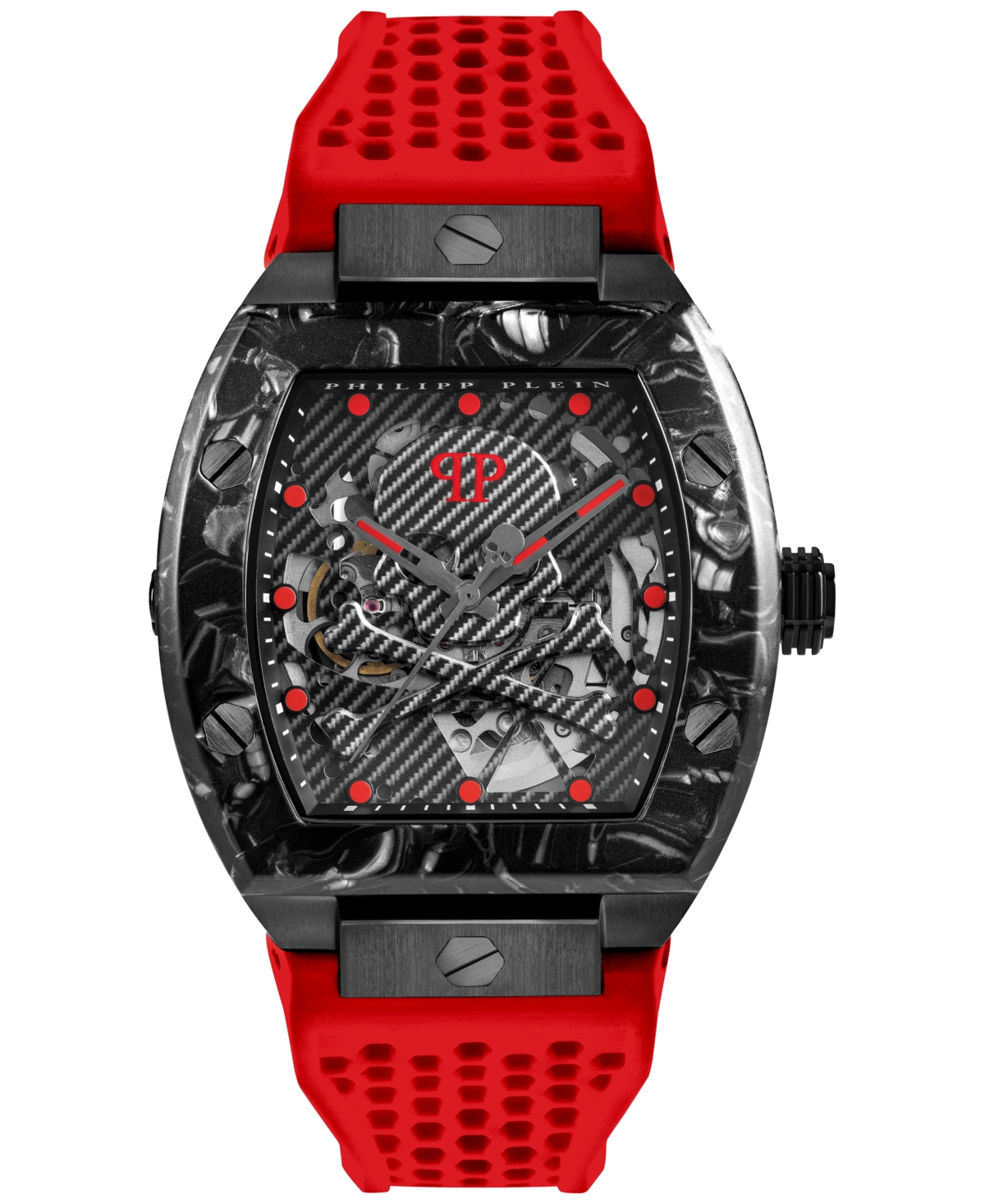 PHILIPP PLEIN MEN'S AUTOMATIC THE $KELETON SPORT MASTER RED PERFORATED SILICONE STRAP WATCH 44X56MM