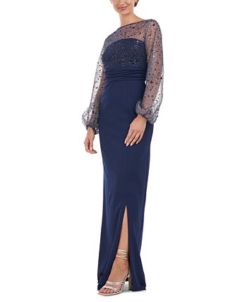 JS Collections Women's Embellished Mesh Balloon-Sleeve Gown - Macy's