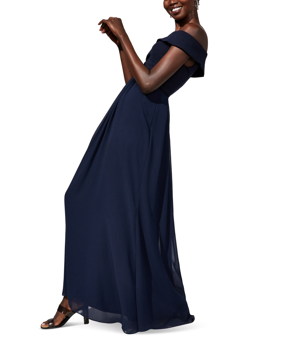 Shop Adrianna Papell Off-the-shoulder Chiffon Gown In Cassis