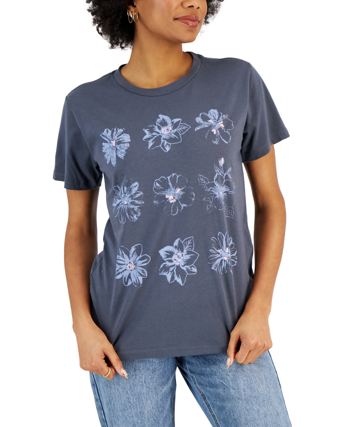 Grayson Threads Black Juniors' Floral-graphic T-shirt In Gray
