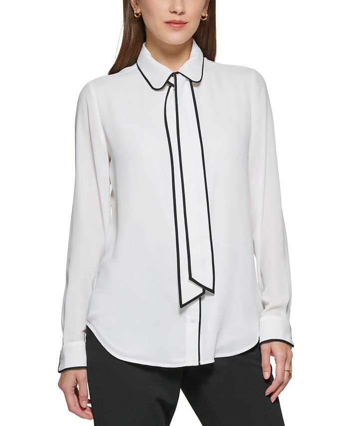 DKNY Petite Piped-Trim Button-Up Blouse - Macy's