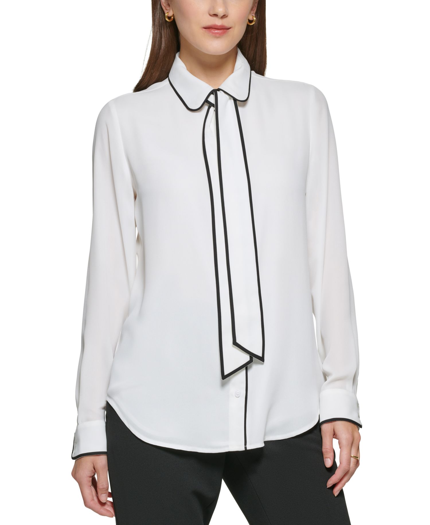 Petite Piped-Trim Button-Up Blouse
