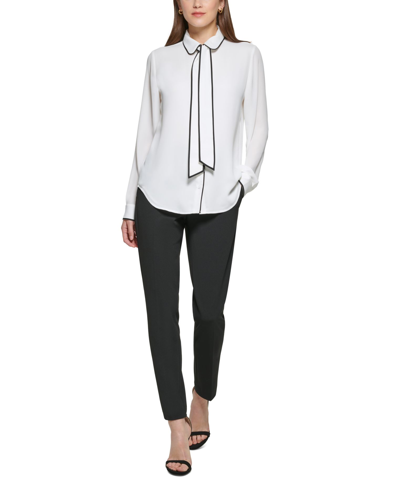 Petite Piped-Trim Button-Up Blouse