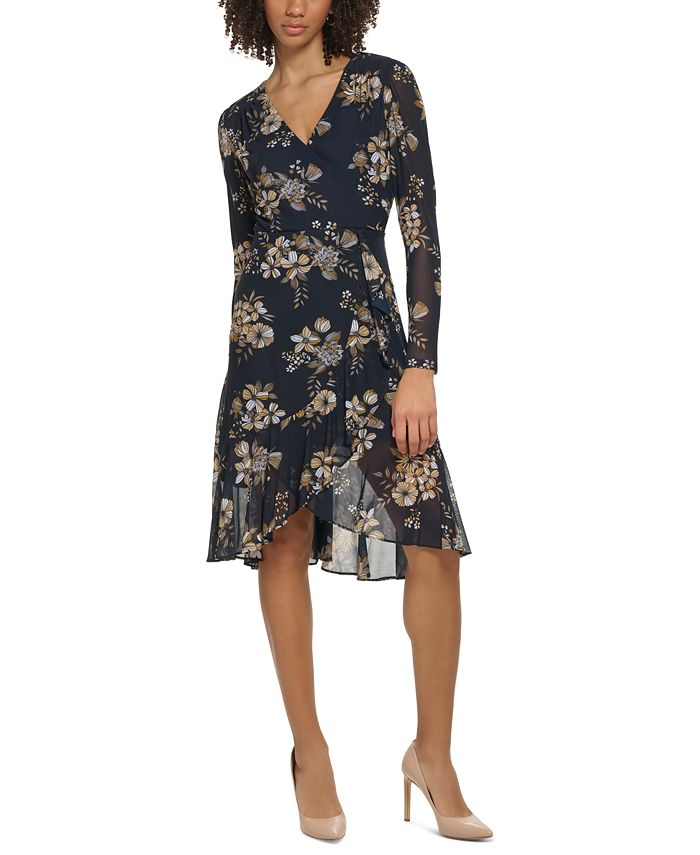 Tommy Hilfiger Women's Floral-Print Mesh Faux-Wrap Dress - Macy's