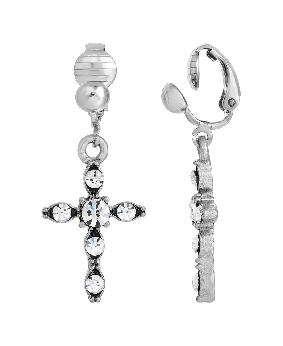 Silver-Tone Crystal Cross Drop Clip Earrings - Silver-Tone
