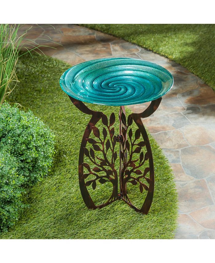 Evergreen Laser Cut Bird Bath Stand and Glass Embossed Bird Bath Set
