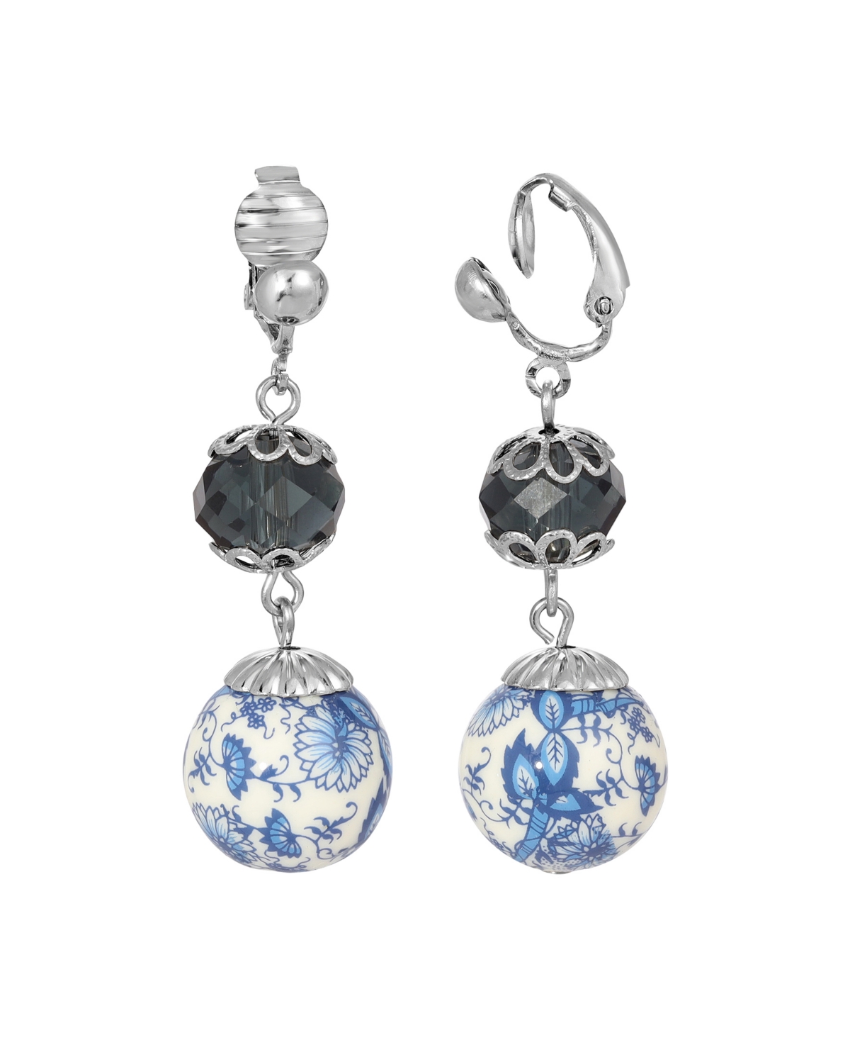 2028 Dark Blue And Blue Willow Beaded Clip Earrings