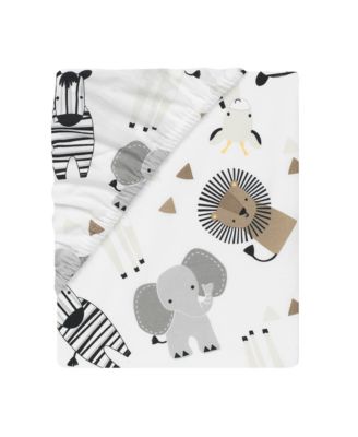 Baby Jungle Safari Cotton White/Gray Elephant/Lion Fitted Mini Crib Sheet