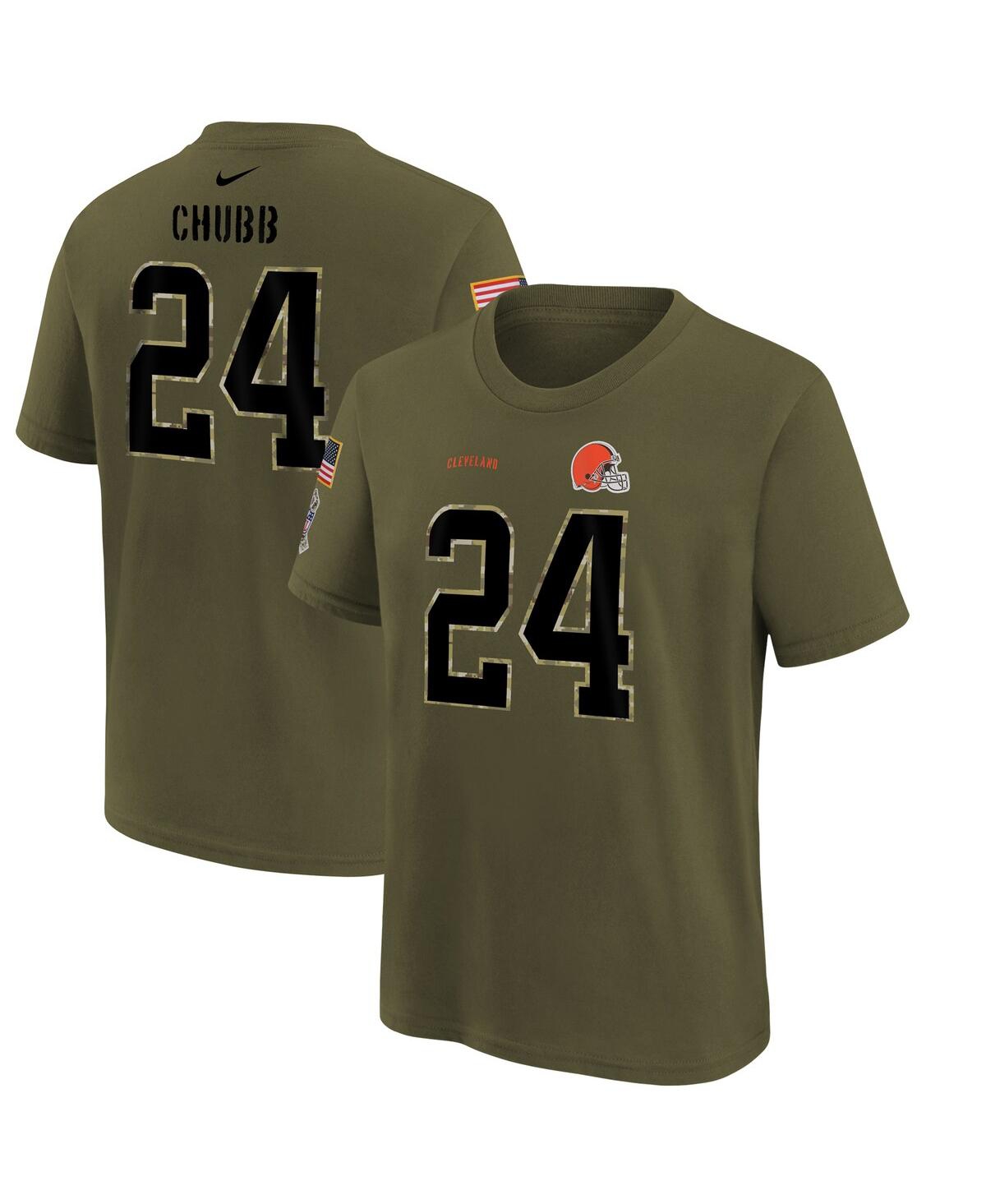 Youth Boys Nike Nick Chubb Olive Cleveland Browns 2022 Salute To Service Name and Number T-shirt