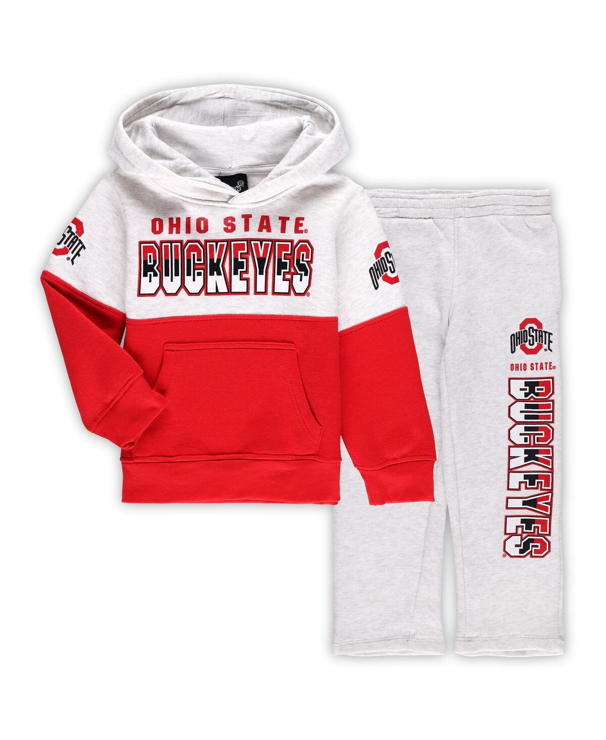 Outerstuff Babies' Preschool Boys And Girls Heather Gray, Scarlet Ohio State Buckeyes Playmaker Pullover Hoodie And Pan In Heather Gray,red