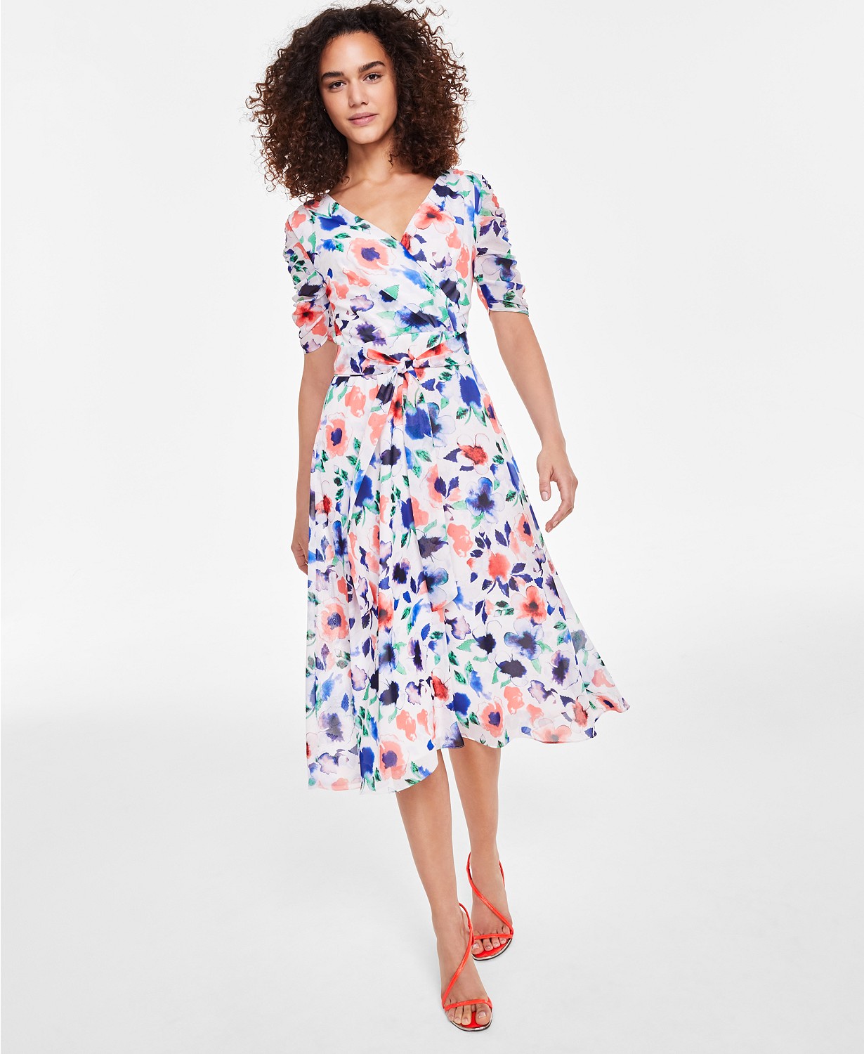 Womens V-Neck Ruched-Sleeve Fit & Flare Dress