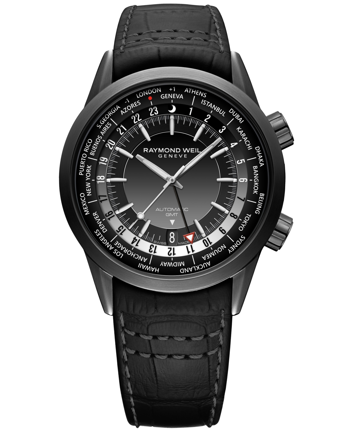Men's Swiss Automatic Freelancer Gmt Black Leather Strap Watch 41mm - Black