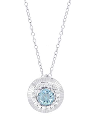 Genuine Swiss Blue Topaz and Lab Grown Diamond Silver Halo Necklace