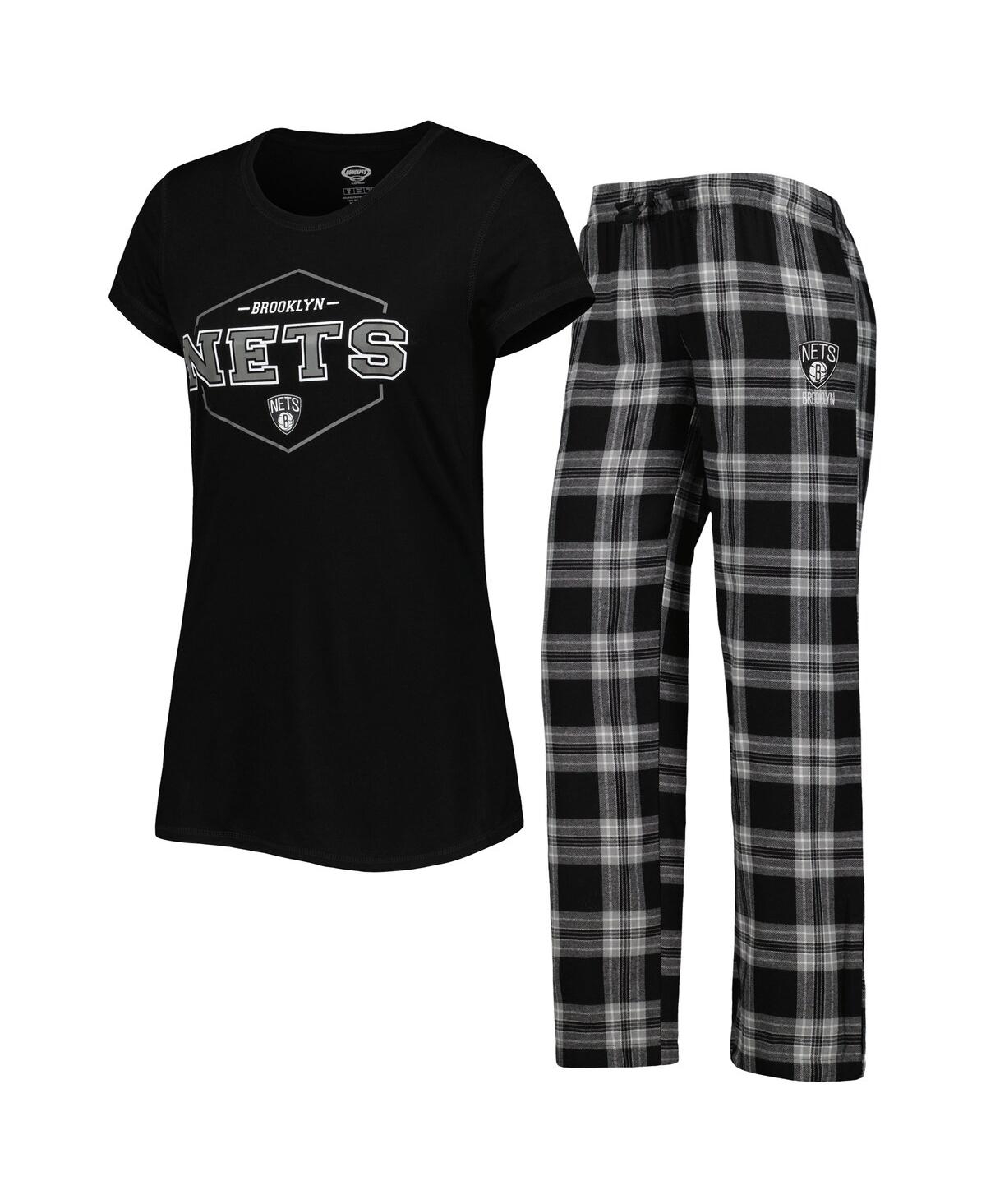 Shop Concepts Sport Women's  Black, Gray Brooklyn Nets Badge T-shirt And Pajama Pants Sleep Set In Black,gray