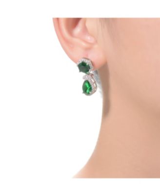 Vintage Rhodium-Plated Halo Earrings in Sterling Silver with Green & Cubic Zirconia