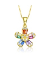 Genevive Sterling Silver with Gold Plated Multi Color Baguette Cubic Zirconia Flower Style Pendant Necklace - Multi-color