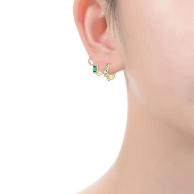 14k Gold Plated with Green &  Cubic Zirconia Halo Star 3-Piece Hoop Earrings Set
