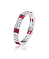 Genevive Sterling Silver White Gold Plated with Ruby Baguette & Round Cubic Zirconia Eternity Wedding Band Stacking Ring - Ruby