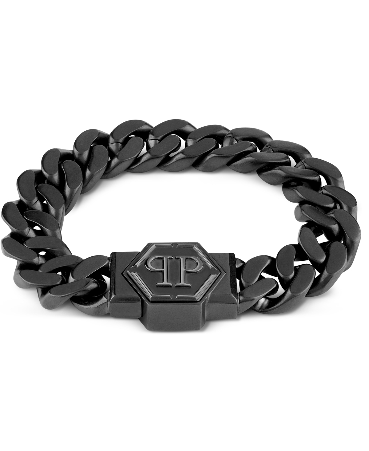 Philipp Plein Gunmetal Ip Stainless Steel Logo Cuban Link Bracelet In Black