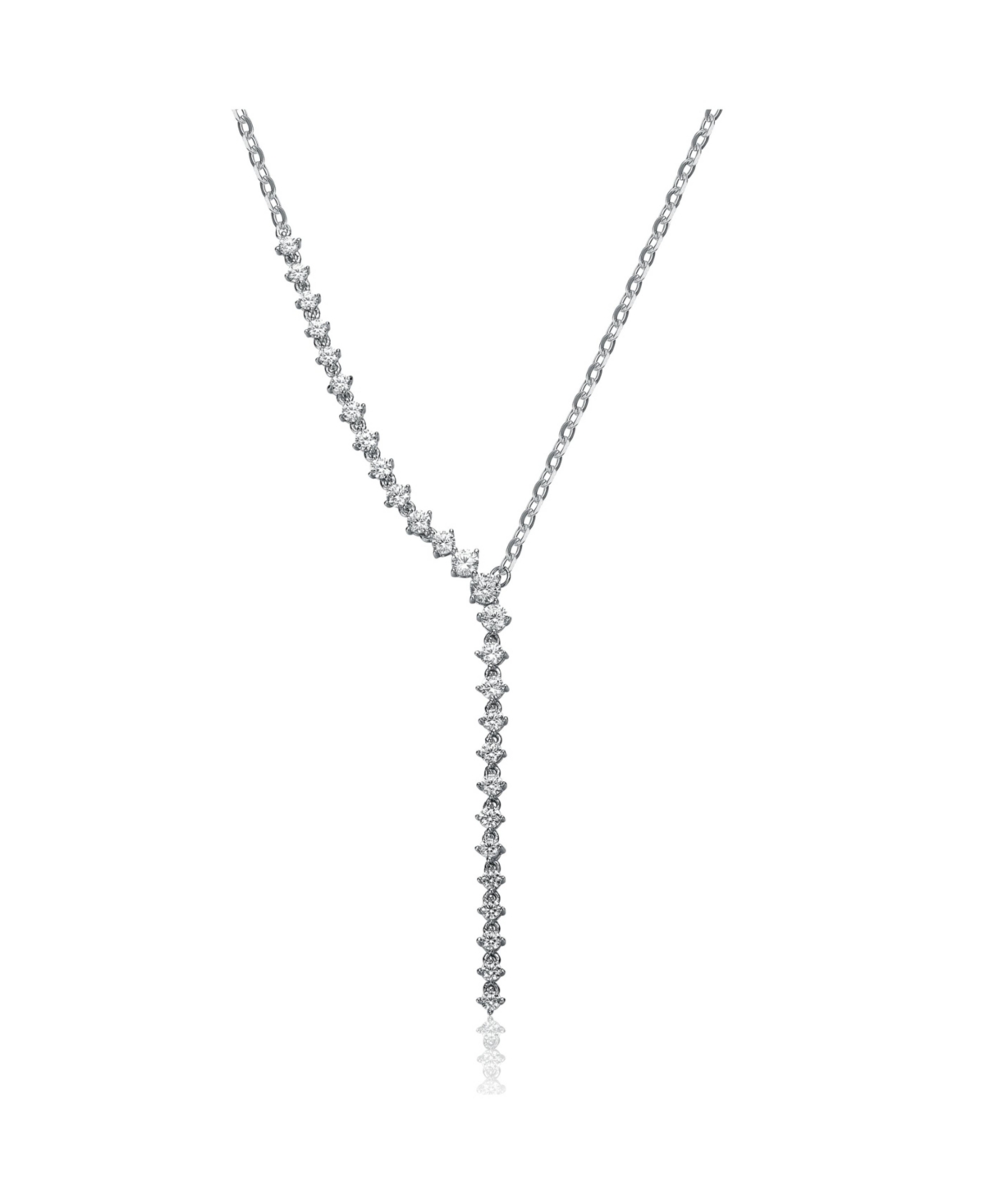 Genevive Rhodium-plated With Diamond Cubic Zirconia Asymmetrical Waterfall Y-necklace In Sterling Silver In Clear