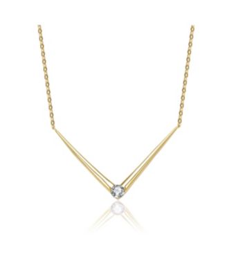 14k Yellow Gold Plated with Green Cubic Zirconia Solitaire Chevron Layering Necklace in Sterling Silver
