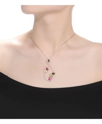 Sterling Silver 18K Rose Plated Multi Color Cubic Zirconia Assymetrical Spring Ring Pendant Necklace