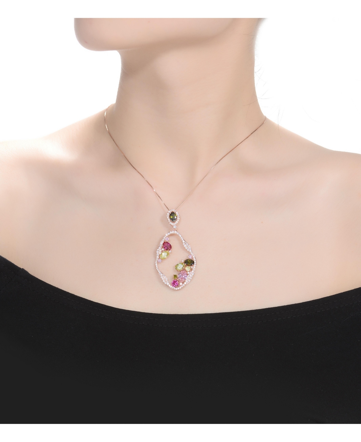 Genevive Sterling Silver 18K Rose Plated Multi Color Cubic Zirconia Assymetrical Spring Ring Pendant Necklace