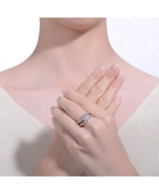 Rhodium-Plated with  Cubic Zirconia Criss-Cross Sparkling Arc Ring in Sterling Silver