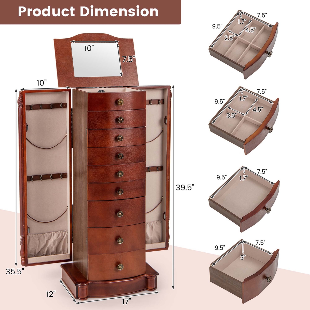 Costway Wood Jewelry Cabinet Storage Chest Stand Organizer