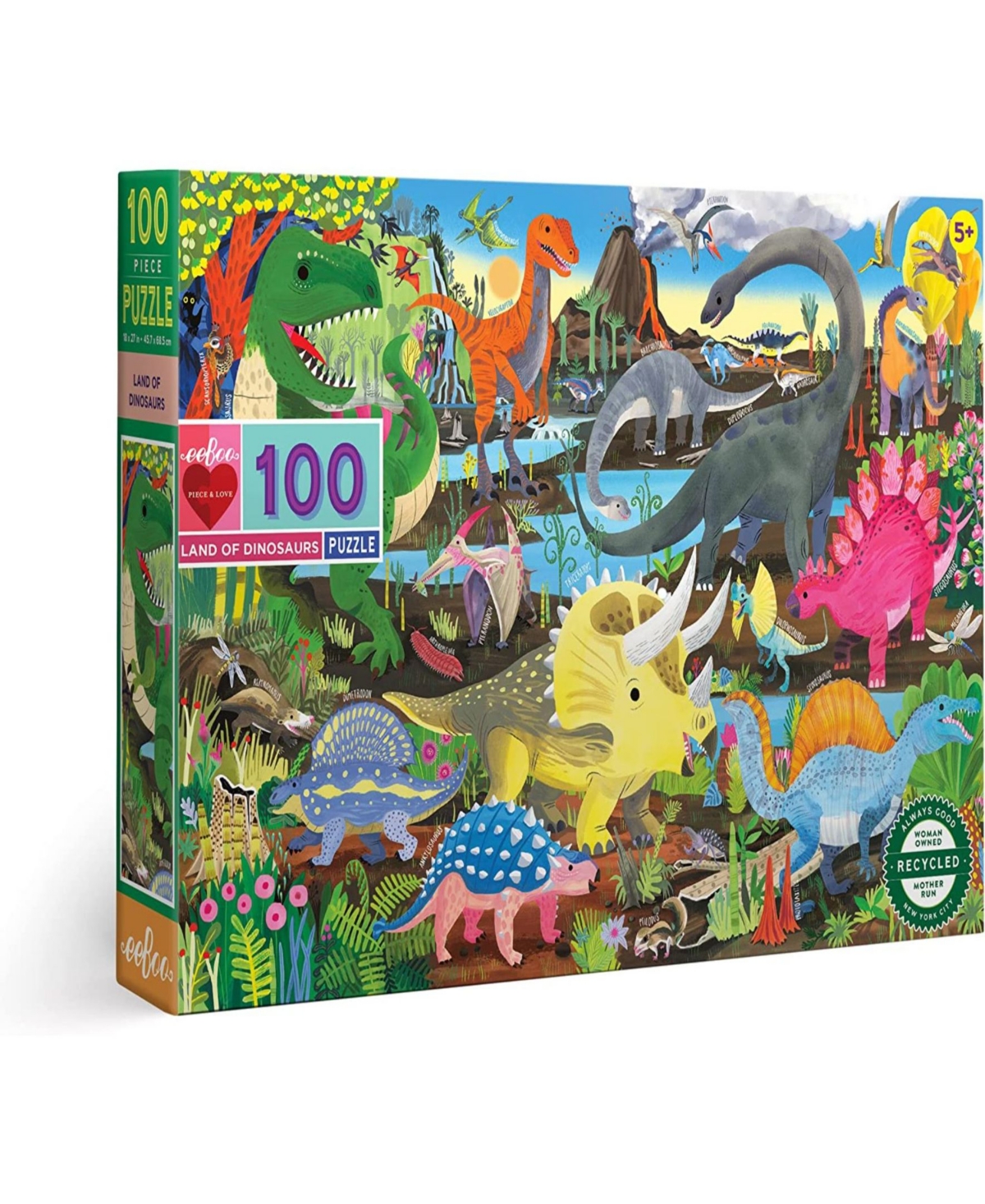 Eeboo Kids' Land Of Dinosaurs 100 Piece Puzzle Set In Multi