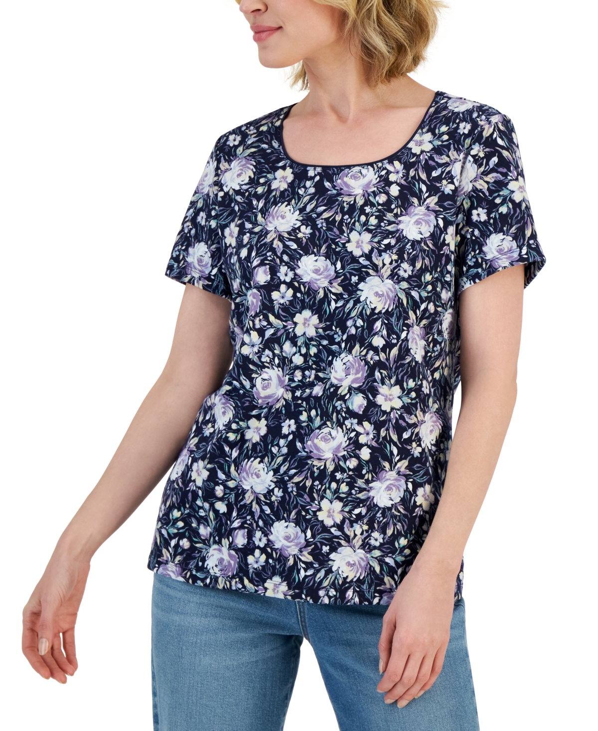 Karen Scott Women's Chloe Floral Scoop-neck Short-sleeve Top, Created ...