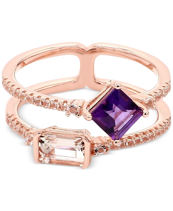 Amethyst Morganite Garnet Cross Necklace - Rose Gold Plated Pendant, Purple Gemstone
