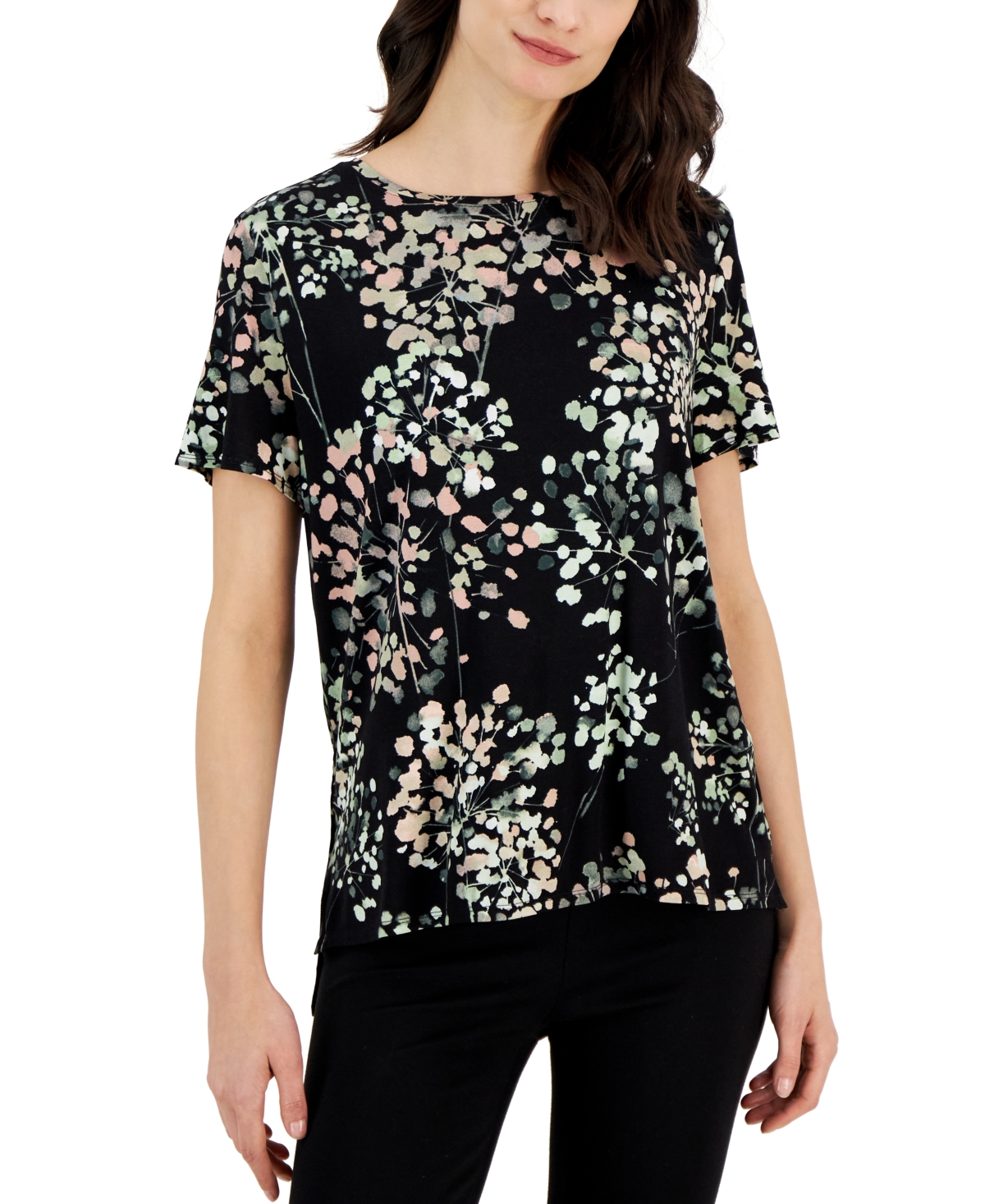 Alfani Petite Printed Crewneck T-shirt, Created For Macy's In Flowering Watercolor Deep Black