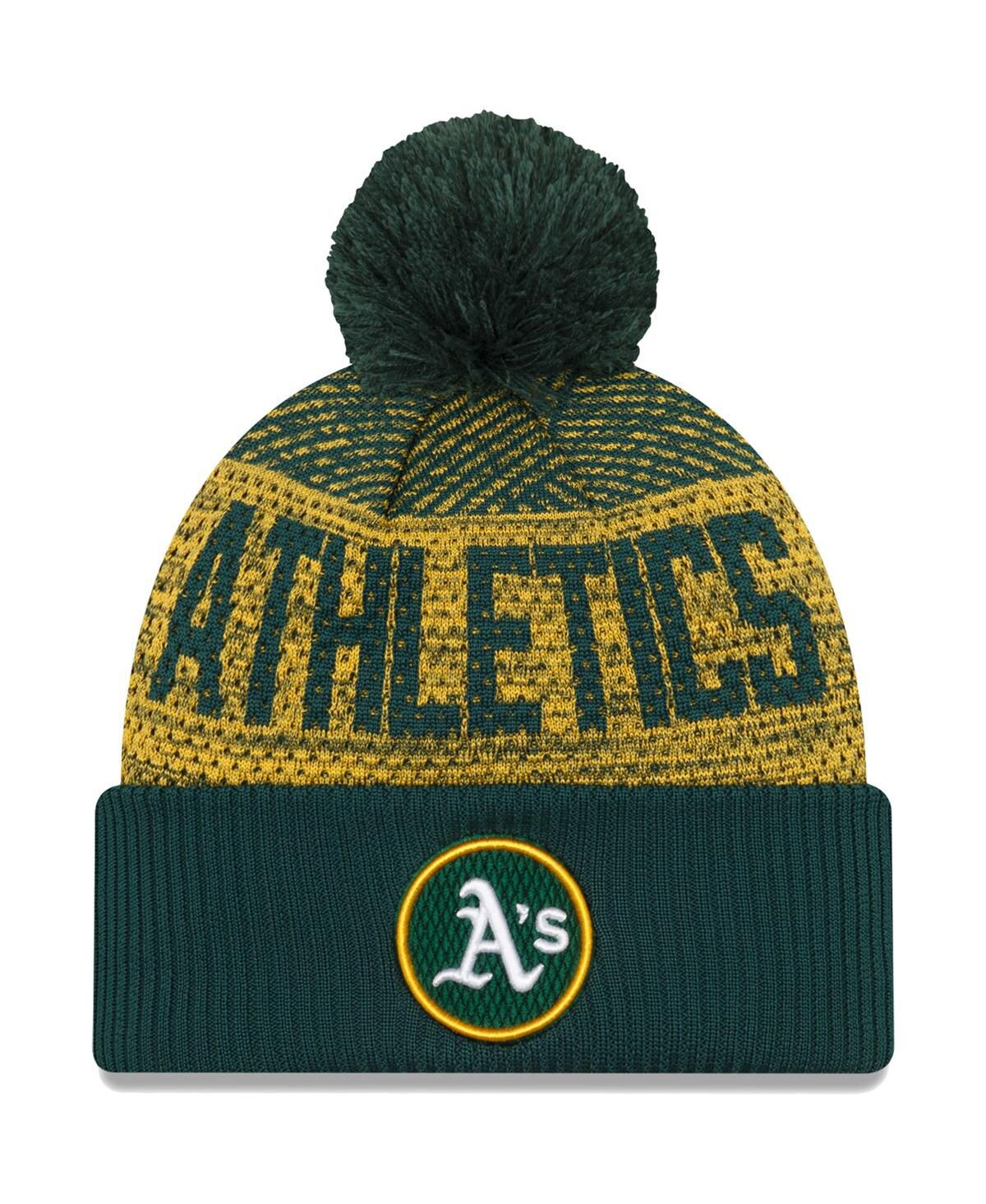 Мужская зеленая вязаная шапка Oakland Athletics Authentic Collection Sport с манжетами и помпоном