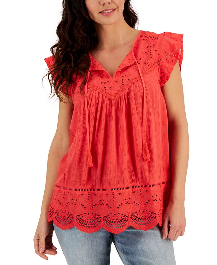 Style & Co Petite Lace-Trim Mixed Media Top, Created for Macy's - Macy's