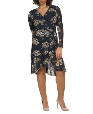 Tommy Hilfiger Plus Size Floral-Print Mesh Faux-Wrap Dress - Macy's