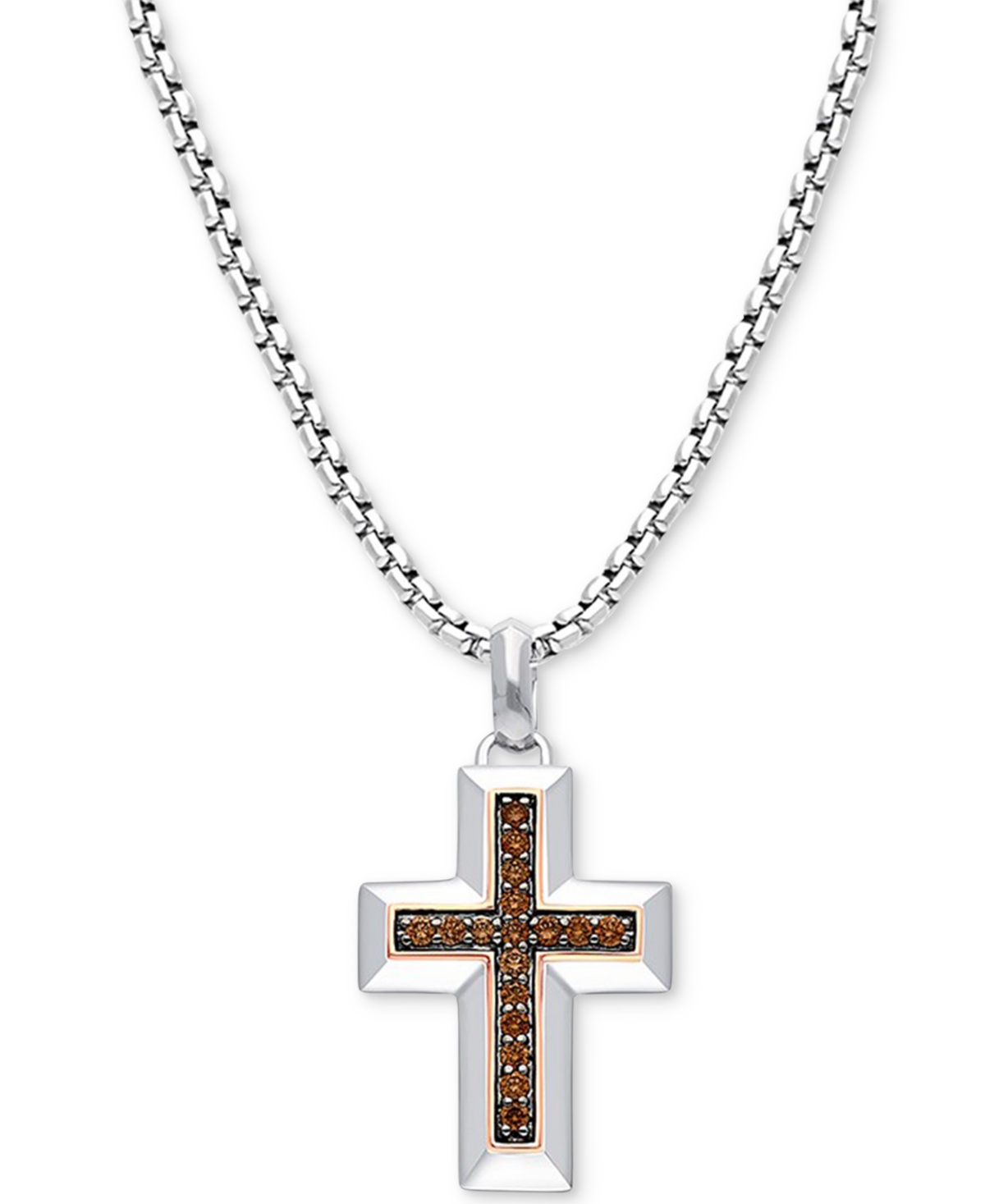 Chocolatier Men's Chocolate Diamond Cross 22" Pendant Necklace (1/3 ct. t.w.) in Sterling Silver & 14k Rose Gold-Plate - Silver