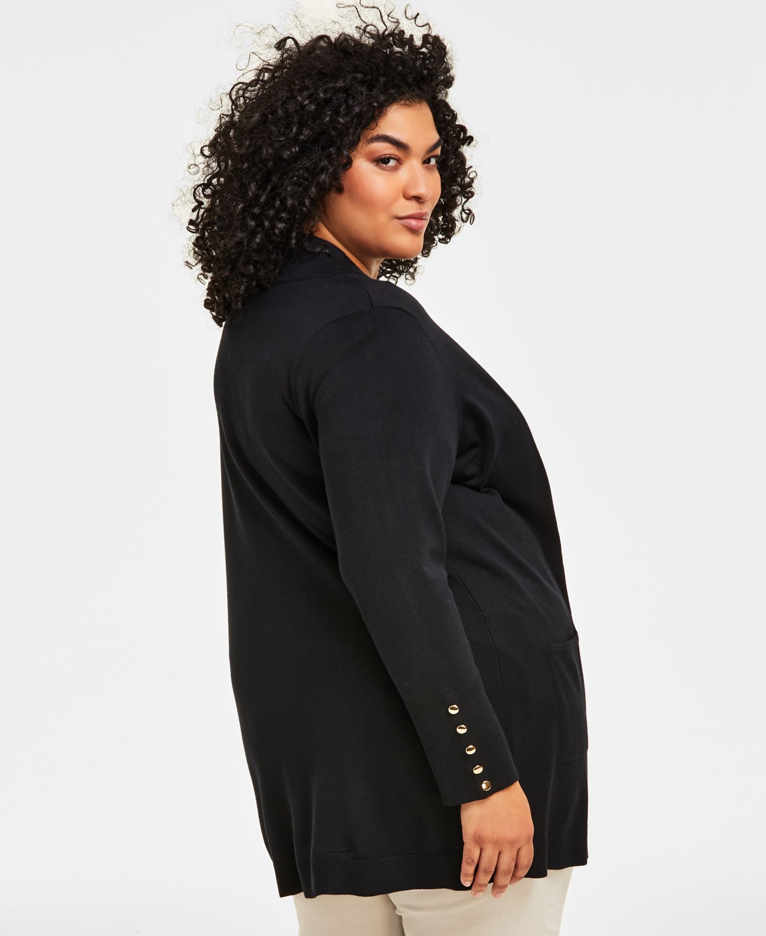 Petite Open-Front Button-Cuff Cardigan Sweater