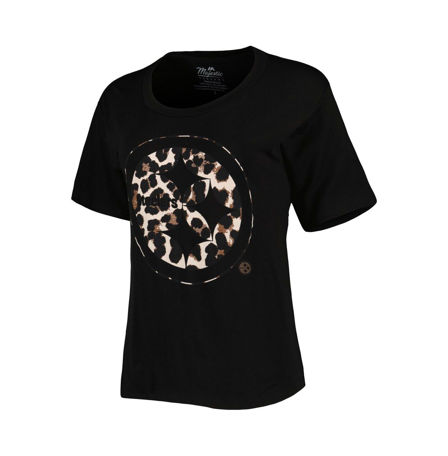 Женская футболка Majestic Threads T.J. Watt Black Pittsburgh Steelers Leopard Player Name and Number Tri-Blend — фото 2
