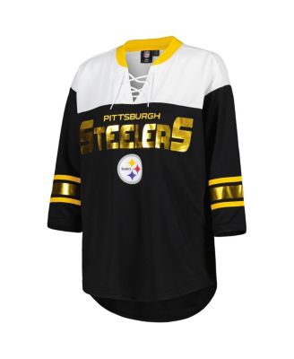 Women's Black, White Pittsburgh Steelers Double Team 3, 4-Sleeve Lace-Up T-shirt
