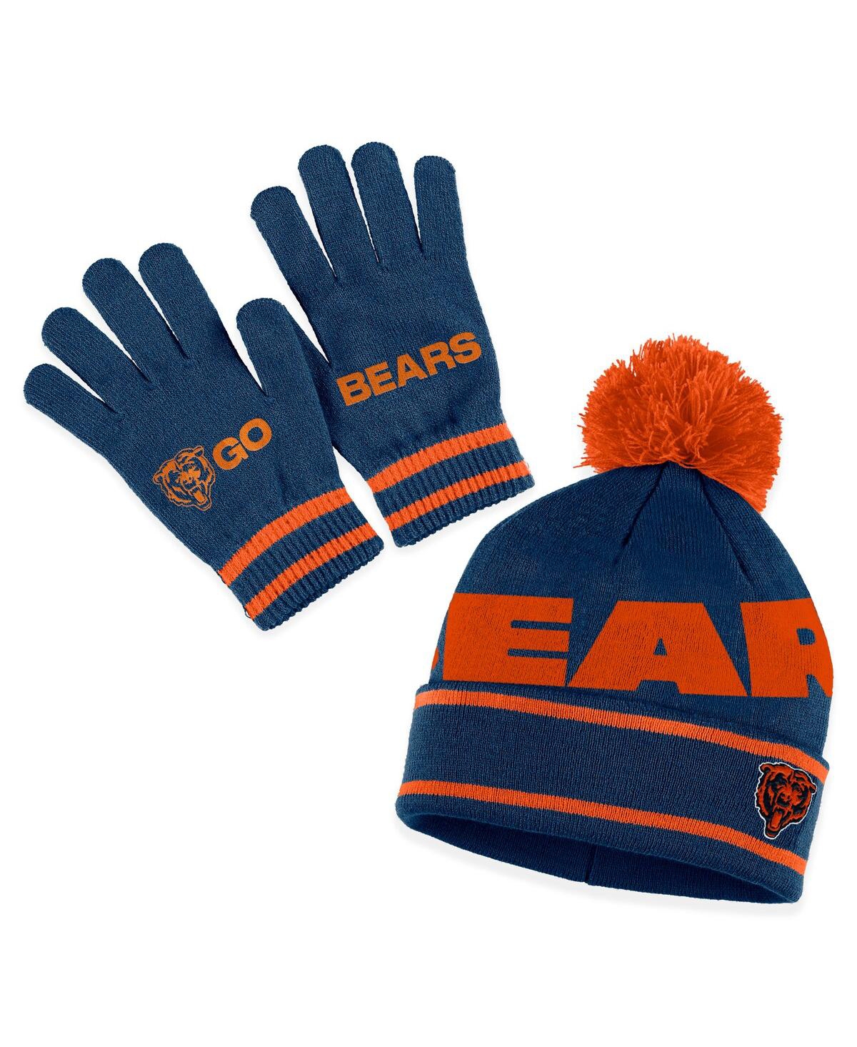 Women's Wear by Erin Andrews Navy Chicago Bears Double Jacquard Cuffed Knit Hat with Pom and Gloves Set - Navy