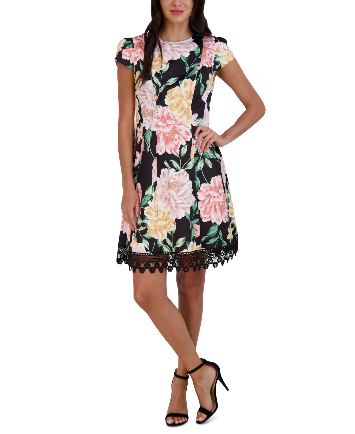 Women's Lace-Hem Floral-Print Sheath Dress - Black Multi