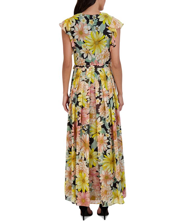 Donna Ricco Flutter-Sleeve Printed Chiffon Maxi Dress - Macy's
