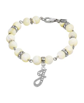 Silver Tone Cultured Mother of Pearl Crystal Initial Clasp Bracelet