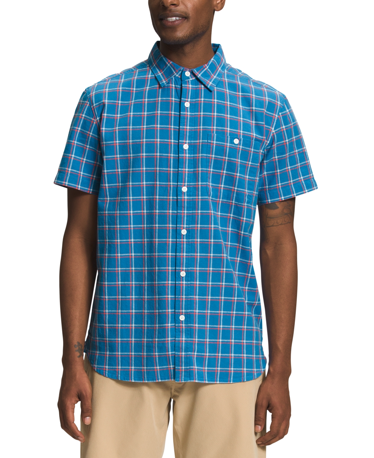 The North Face Men's Short-sleeve Loghill Shirt In Super Sonic Blue Tnf Grid Plaid