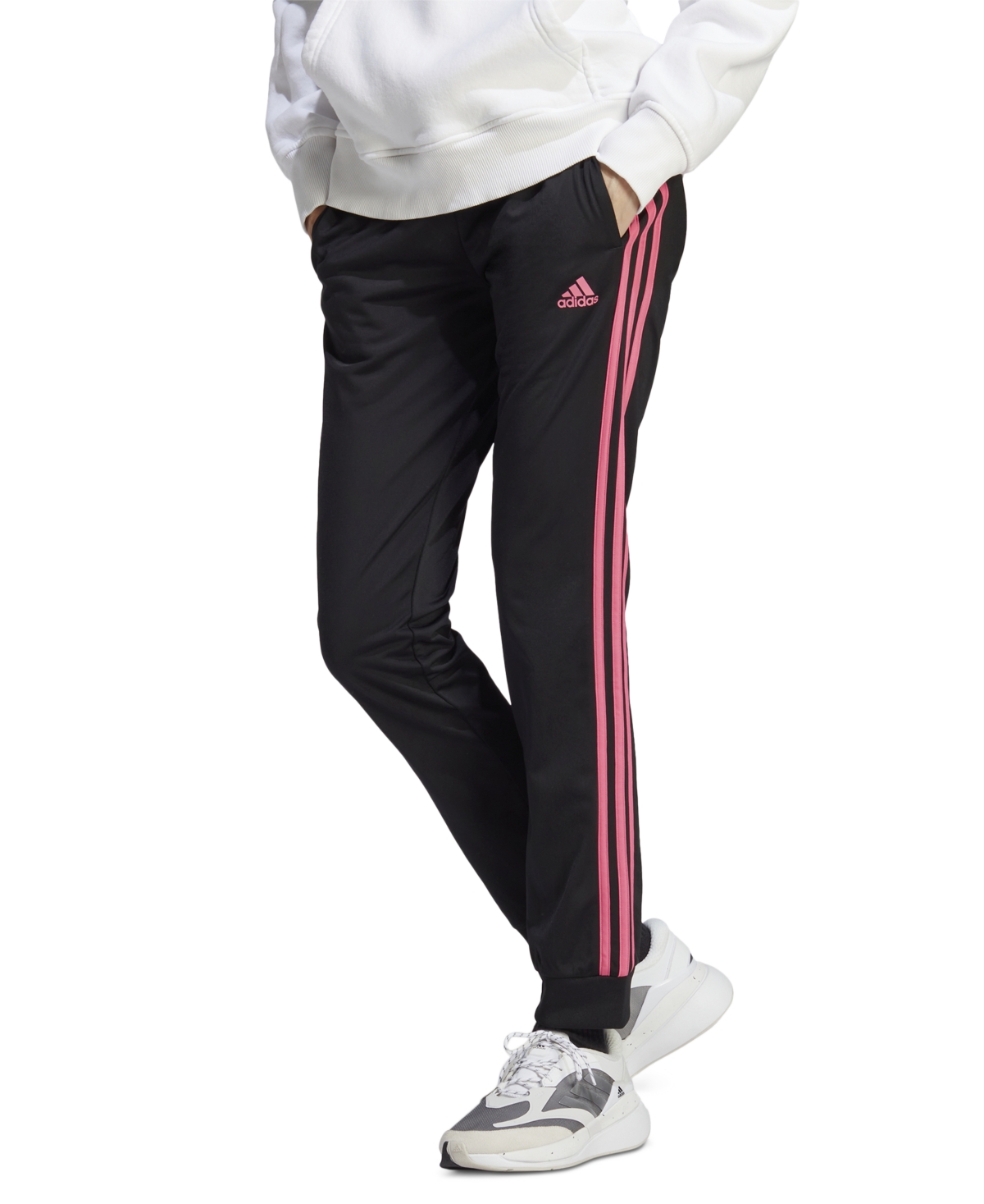 Adidas Originals Women's Essentials Warm-up Slim Tapered 3-stripes Track Pants, Xs-4x In Black,pulse Magenta