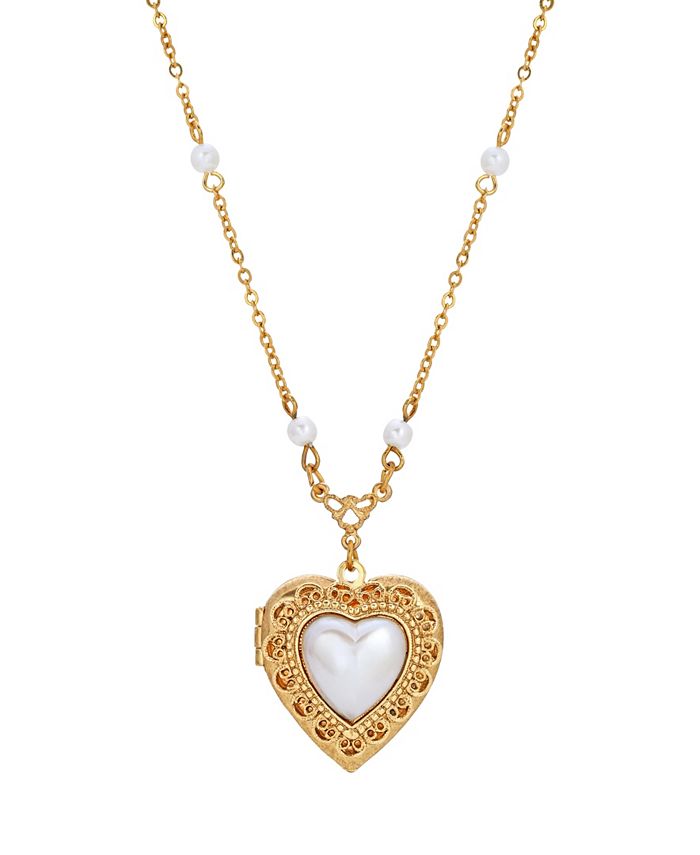 2028 14K Gold Plated Dipped Imitation Pearl Heart Locket Necklace