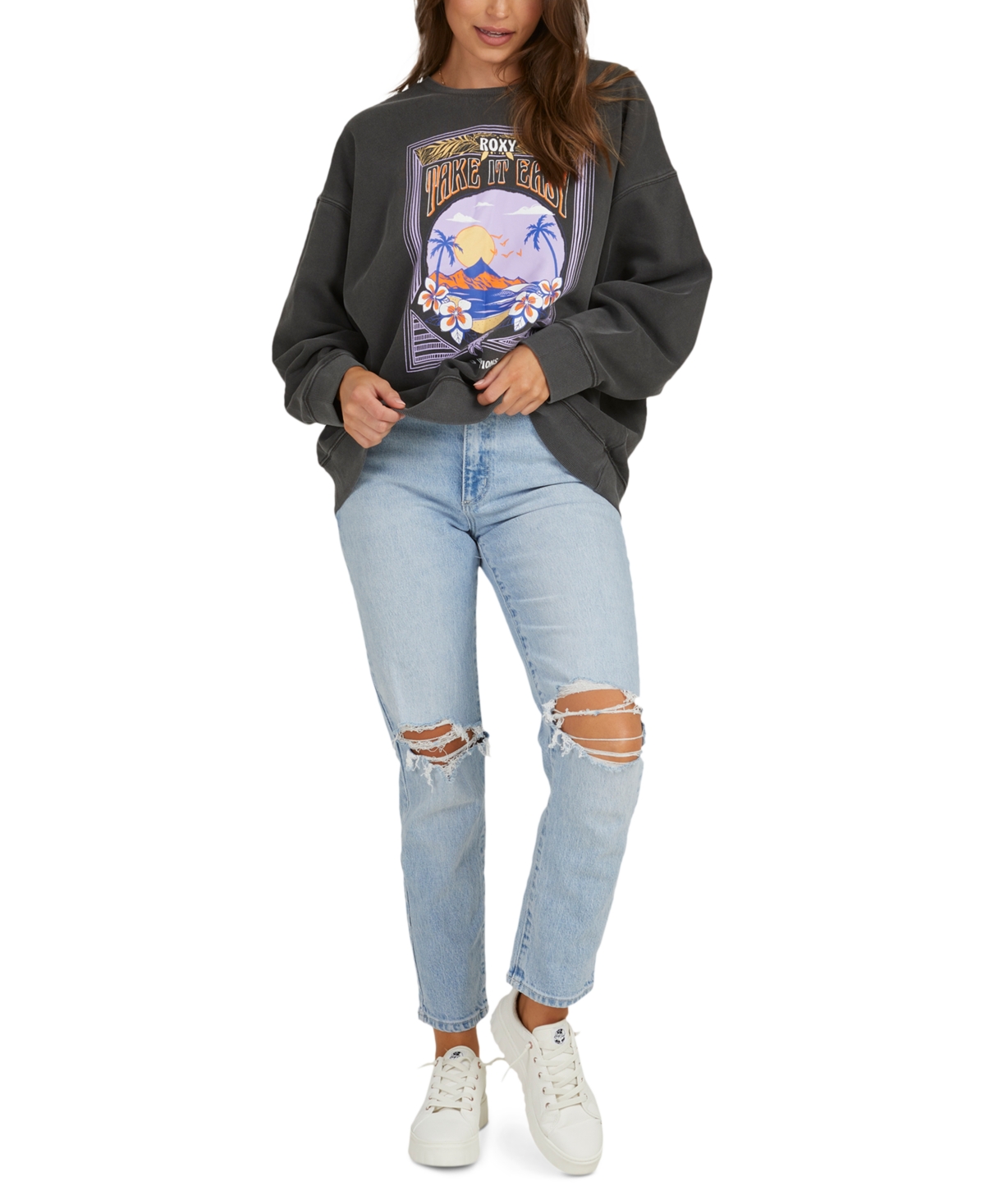  Roxy Juniors' Into The Night Graphic Crewneck Sweatshirt