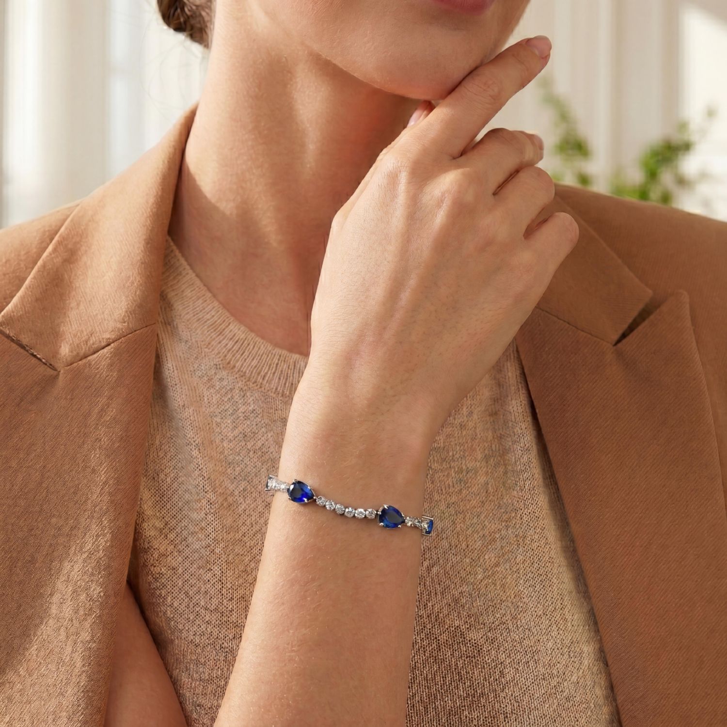 White Gold Plated with Colored Pear Cubic Zirconia Tennis Bracelet